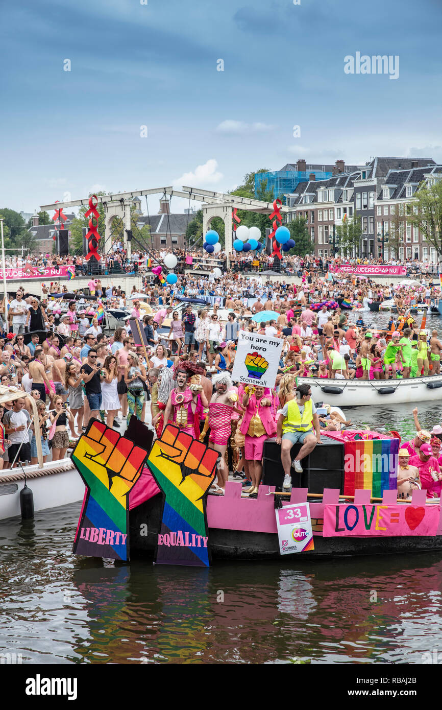 The Netherlands. Amsterdam. Pride Canal Parade, part of the Amsterdam Pride Festival, paying attention to human rights and  LGBTI people. Stock Photo