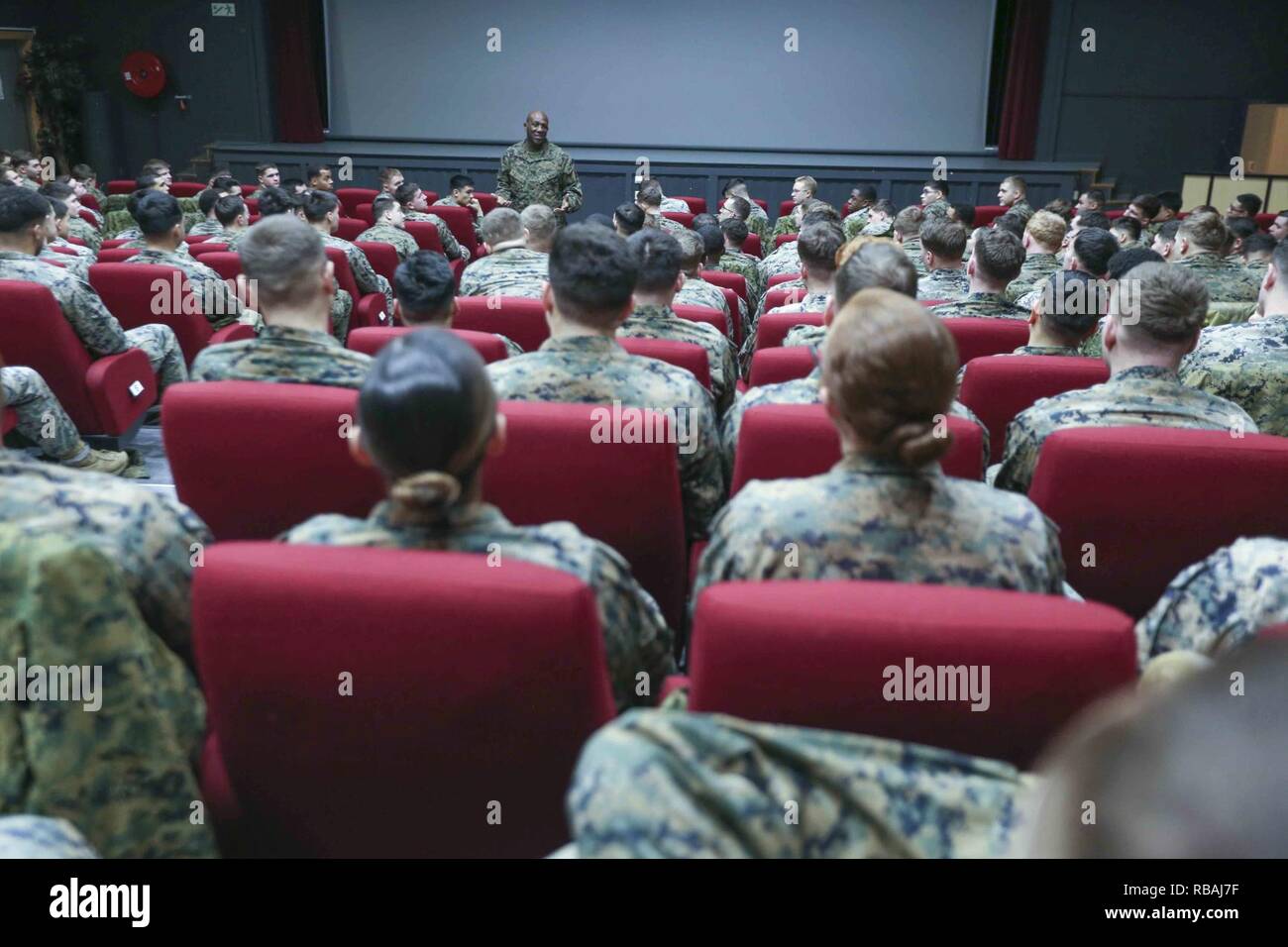 Sergeant Major of the Marine Corps Sgt. Maj. Ronald L. Green speaks to Marines and Sailors during a town hall in Setermoen, Norway, Dec. 20, 2018. Sgt. Maj. Green visited deployed service members in Europe, Southwest Asia, and the Middle East during the holiday season. Stock Photo