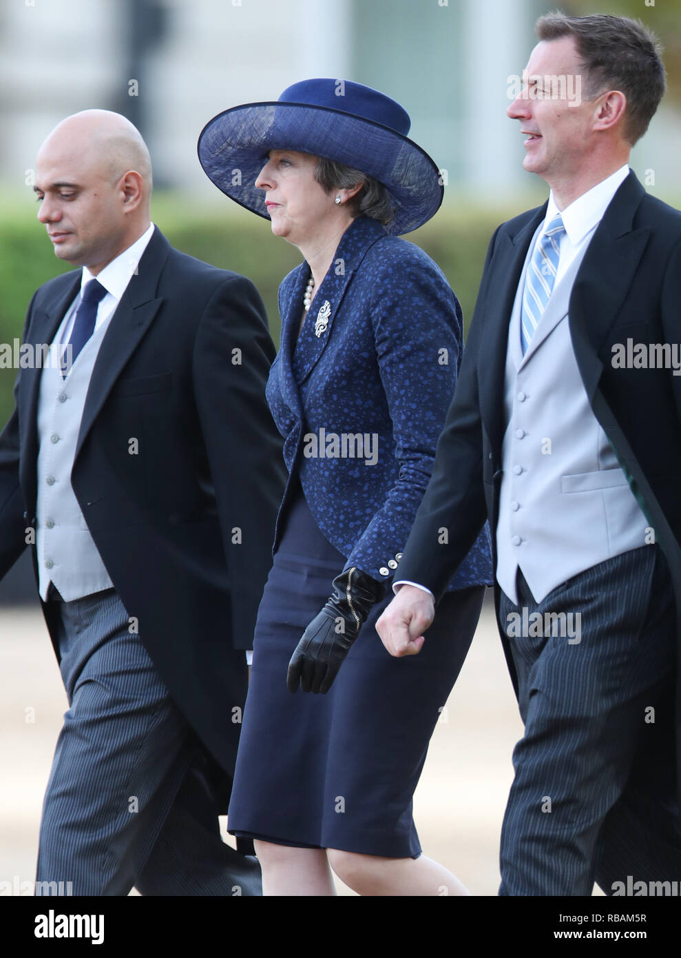 Britain's Prime Minister Theresa May, alongside  Home Secretary Sajid Javid seen left and Foreign Secretary Jeremy Hunt Stock Photo