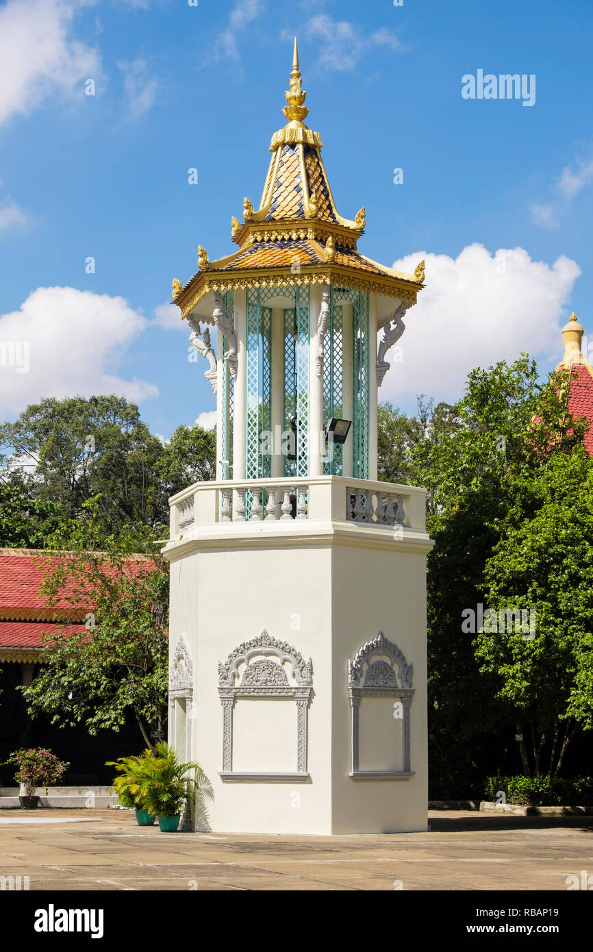 Belfry or bell tower in the Silver Pagoda compound within the Royal Palace complex. Phnom Penh, Cambodia, southeast Asia Stock Photo