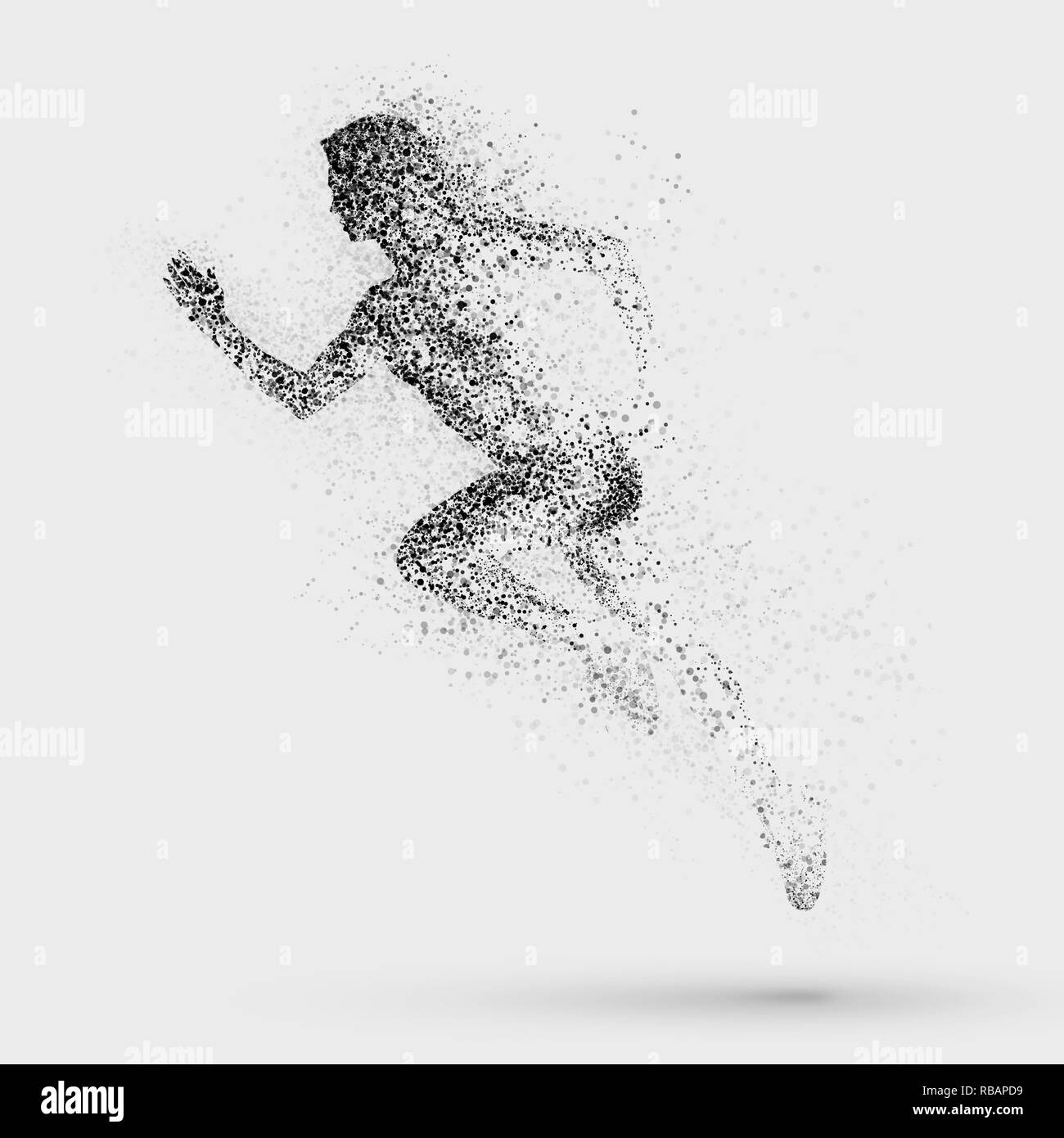 Black silhouette of running woman from particle divergent. Isolated on white background. Stock Photo
