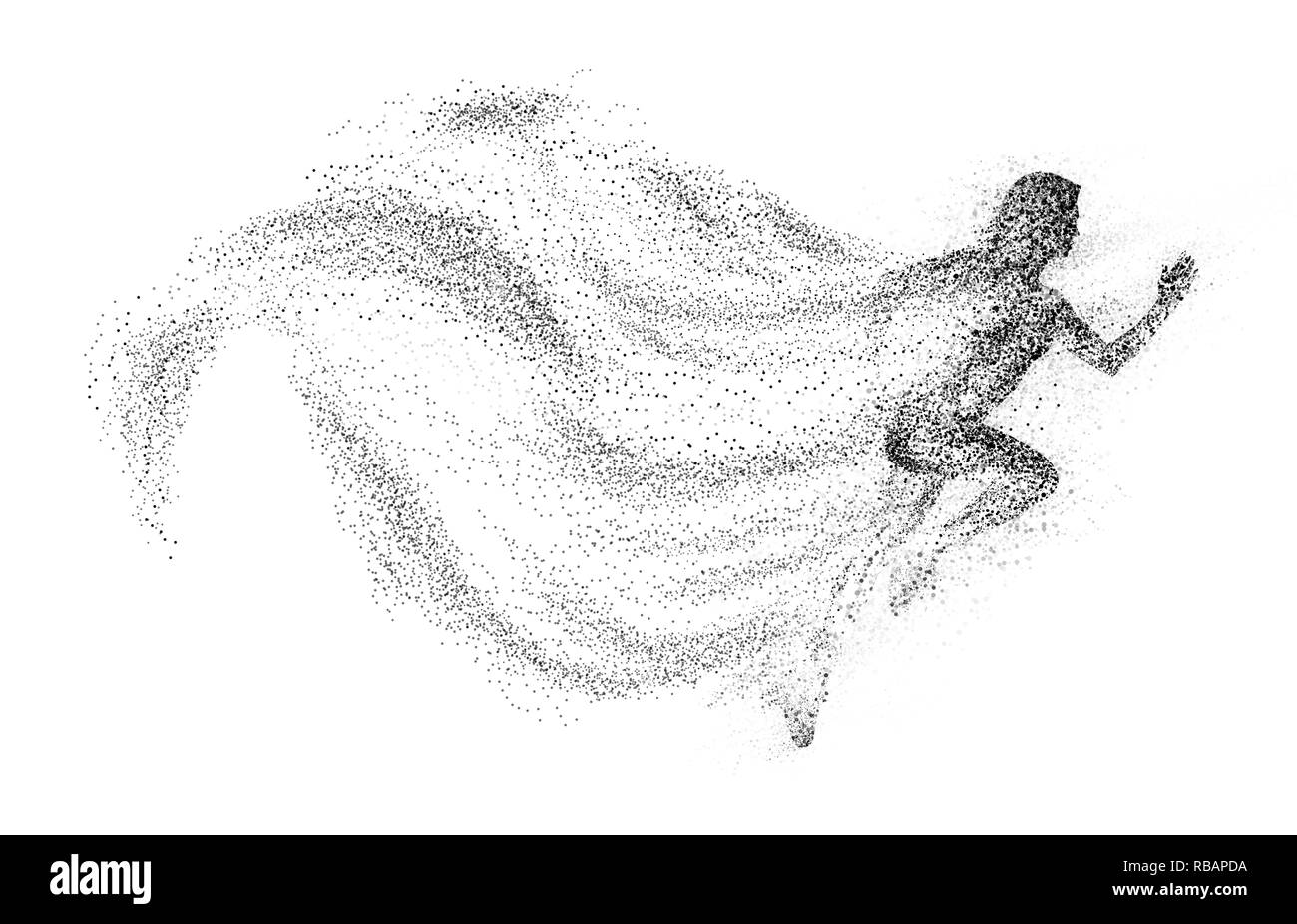 Black silhouette of running woman from particle divergent. Isolated on white background. Stock Photo