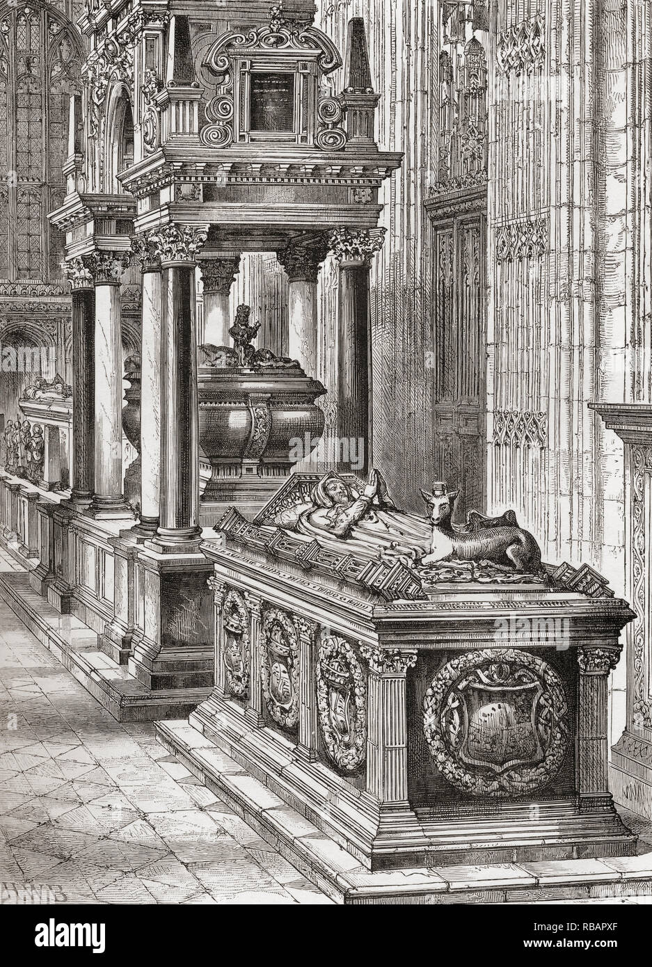 The south aisle of Henry seventh's chapel or The Henry VII Lady Chapel, Westminster Abbey, City of Westminster, London, England.  From London Pictures, published 1890 Stock Photo