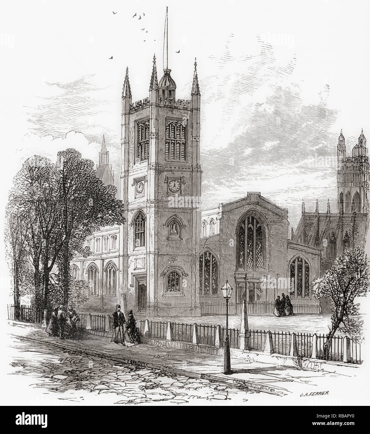 The Church of St Margaret, Westminster Abbey, in the grounds of Westminster Abbey on Parliament Square, London, England, seen here in the 19th century. From London Pictures, published 1890 Stock Photo