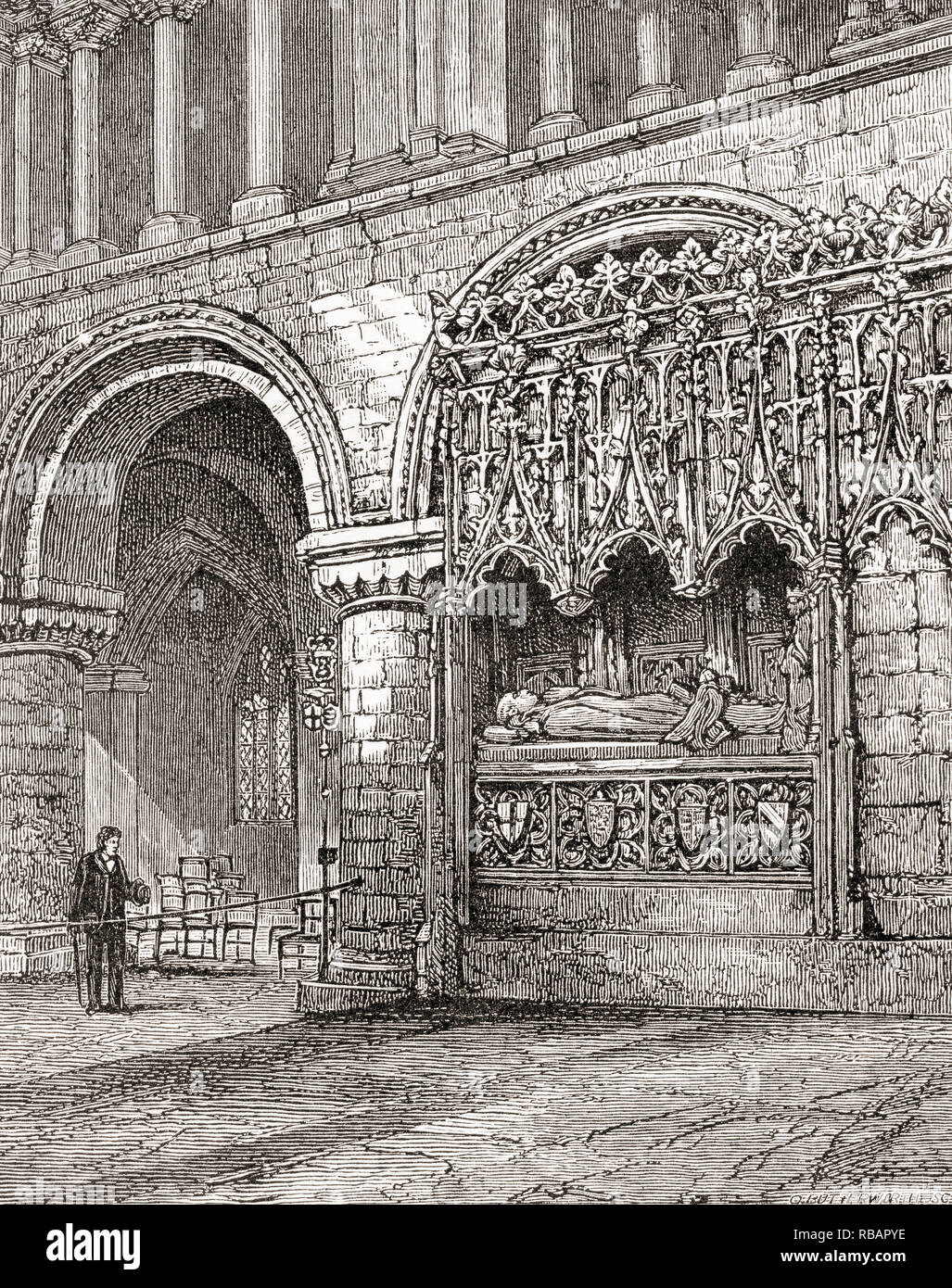 The tomb of Rahere aka Raher or Raherius, (Anglo-Norman priest and monk), The Priory Church of St Bartholomew the Great, aka Great St Bart's, West Smithfield, London, England, seen here in the 19th century. From London Pictures, published 1890 Stock Photo