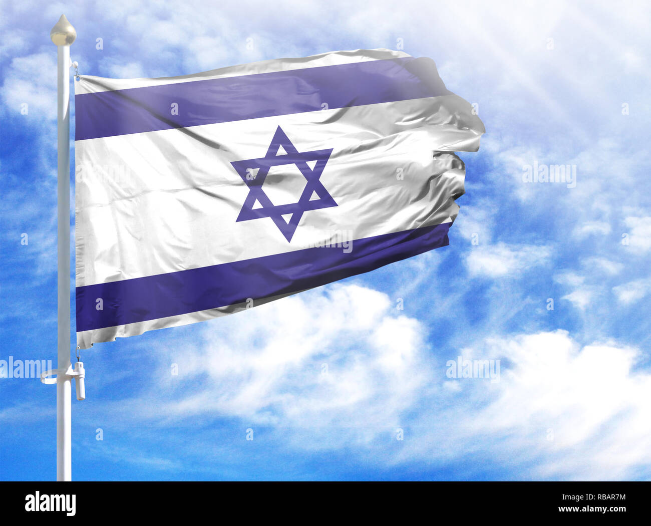 National flag of Israel on a flagpole in front of blue sky Stock Photo ...