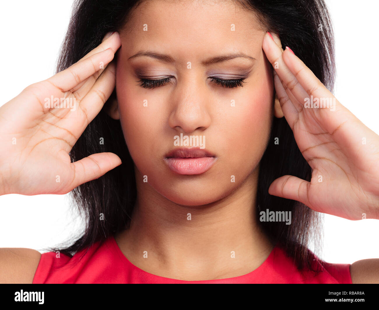 Headache, migraine and sinus ache. Stressed young woman worried girl