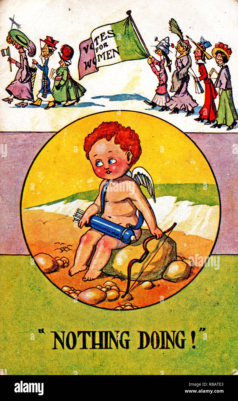 Anti-Suffrage, color postcard, in three registers, using the Women's Social and Political Union colors, Green, white, and purple, with a central circle depicting a dejected cupid, seated on a rocky beach, looking sadly toward the upper register, populated with a parade of elderly and unattractive suffragists, captioned 'Nothing Doing!' published for the British market, 1900. () Stock Photo