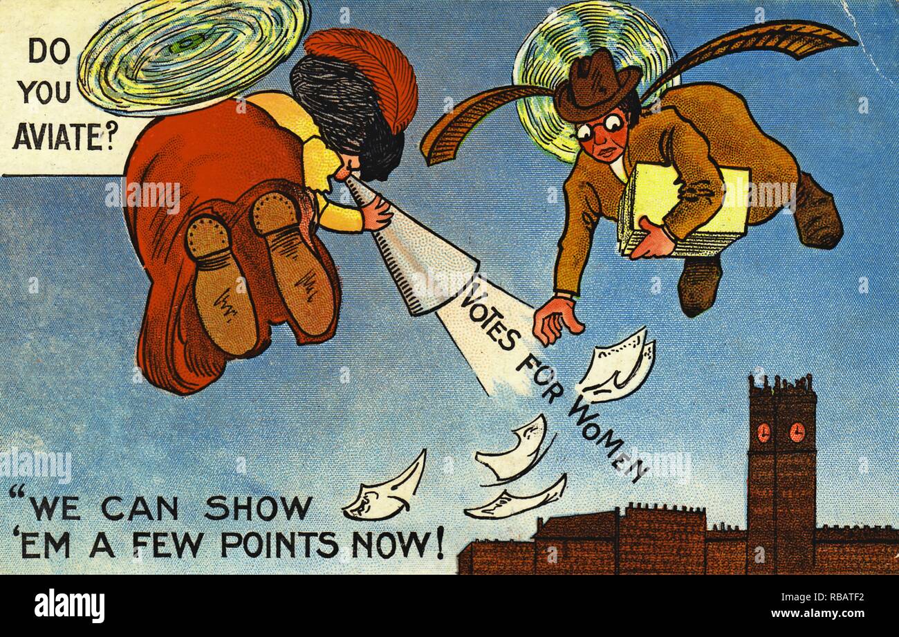 Suffrage-era, color postcard, depicting a two women, wearing propellers and wings, one wearing brown and dropping flyers, the other wearing red and yellow and shouting 'Votes for Women' from a megaphone, likely referencing the ill-fated, 1909 dirigible flight of Australian suffragist, Muriel Matters, with the caption 'Do You Aviate? 'We Can Show 'Em A Few Points Now!' published for the British market, 1900. () Stock Photo
