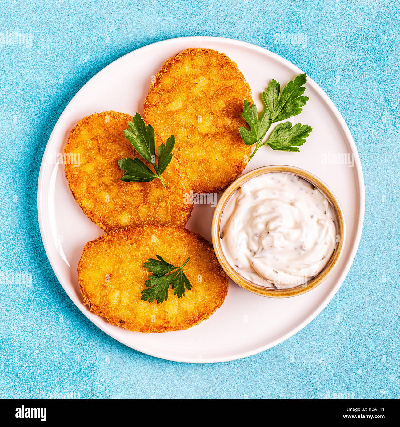 Potato pancakes, hash braun, top view. Stock Photo