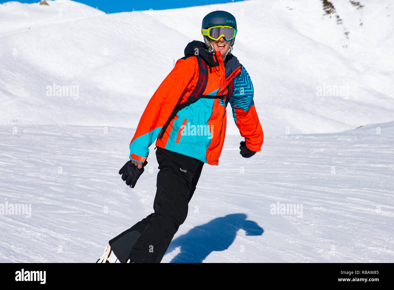 People enjoy snowboard for winter holiday in Alps area, Les Arcs 2000, Savoie, France, Europe Stock Photo