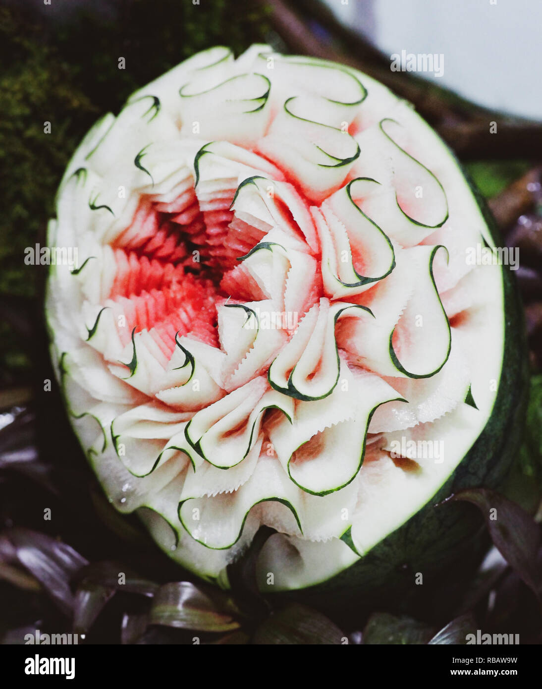Fruit and vegetable carvings, Display thai fruit carving Stock Photo