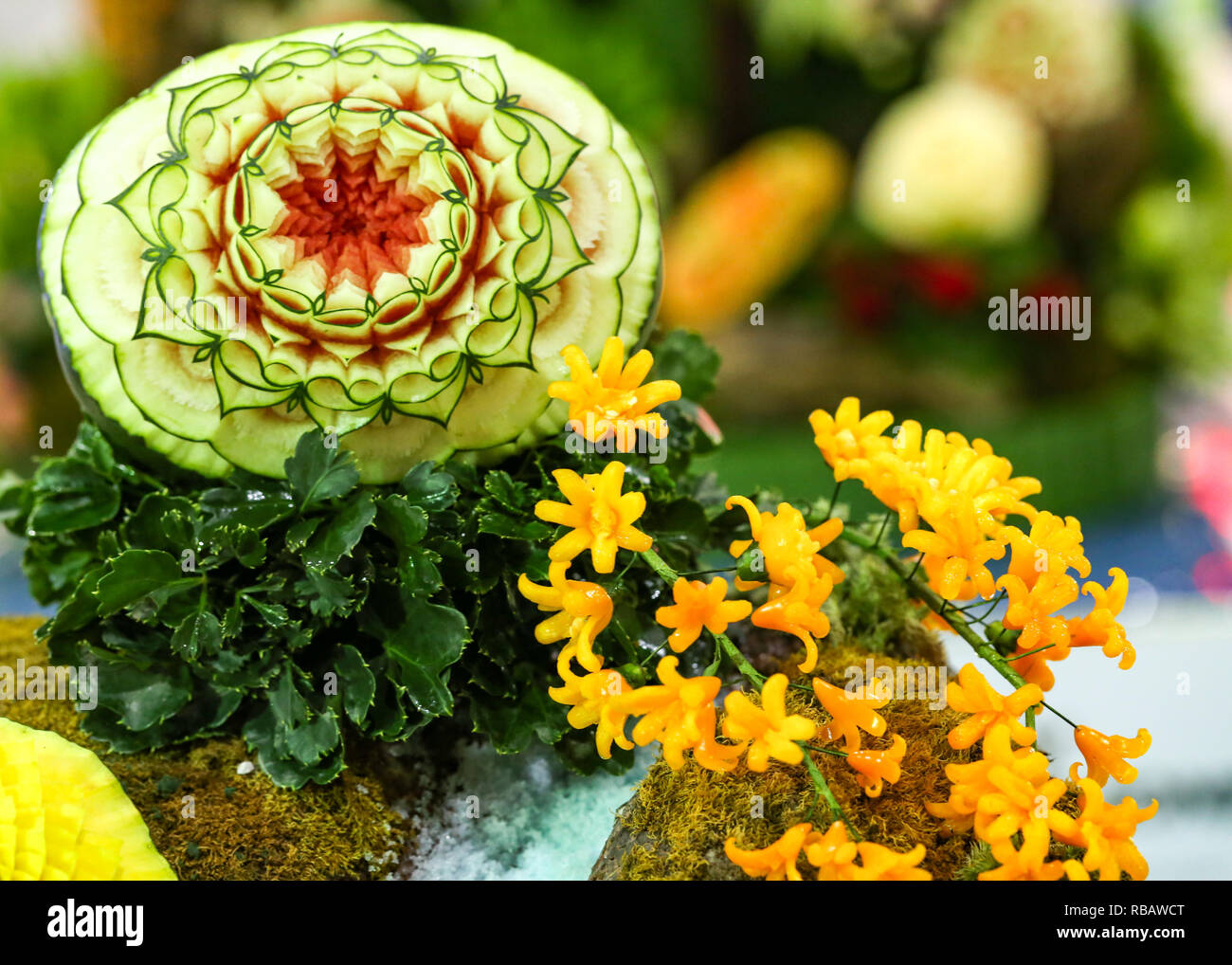 Fruit and vegetable carvings, Display thai fruit carving Stock Photo