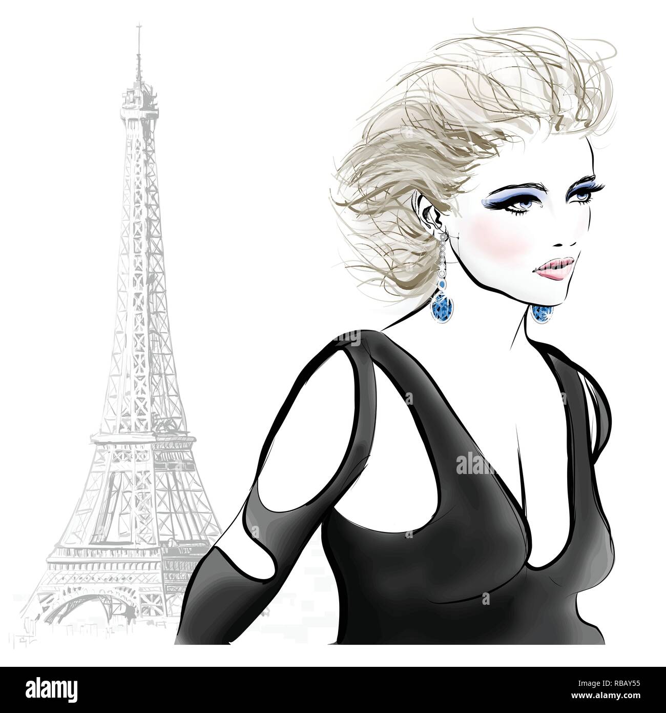 Beautiful fashion model near eiffel tower in Paris - vector illustration Stock Vector