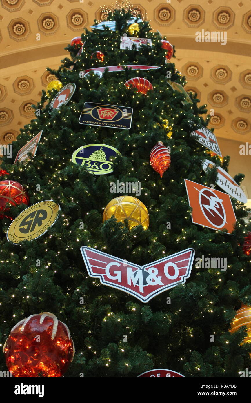 Christmas Holiday Train Themed Decorations At Union Station In