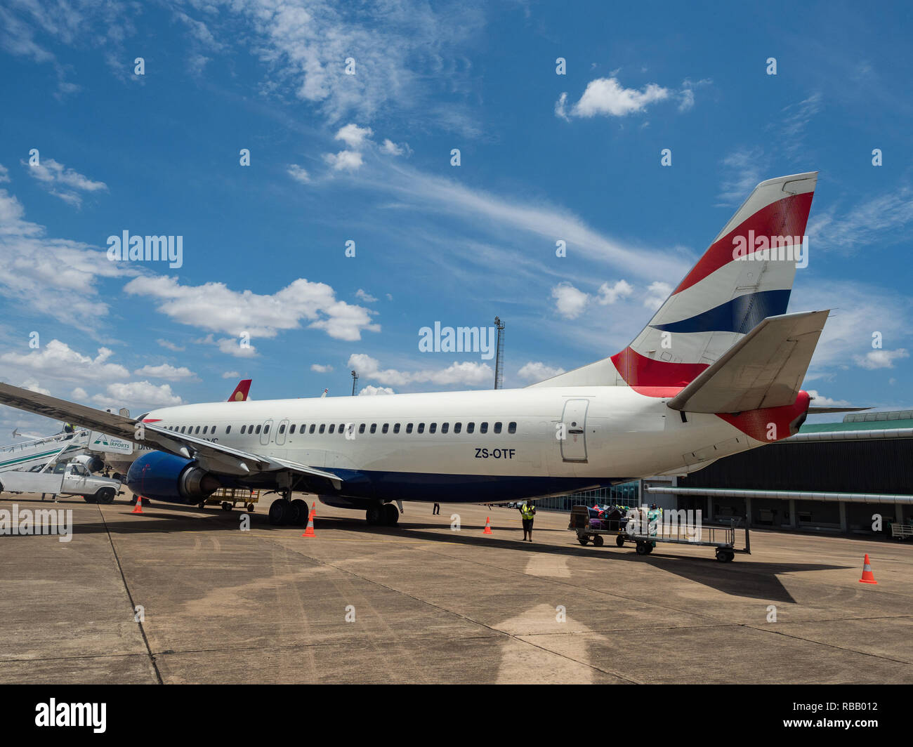LIVINGSTON, ZAMBIA - NOVEMBER 24, 2018. Boeing 737-436 British Airways (Comair) on Harry Mwanga Nkumbula International Airport in Livingstone, Zambia, Stock Photo