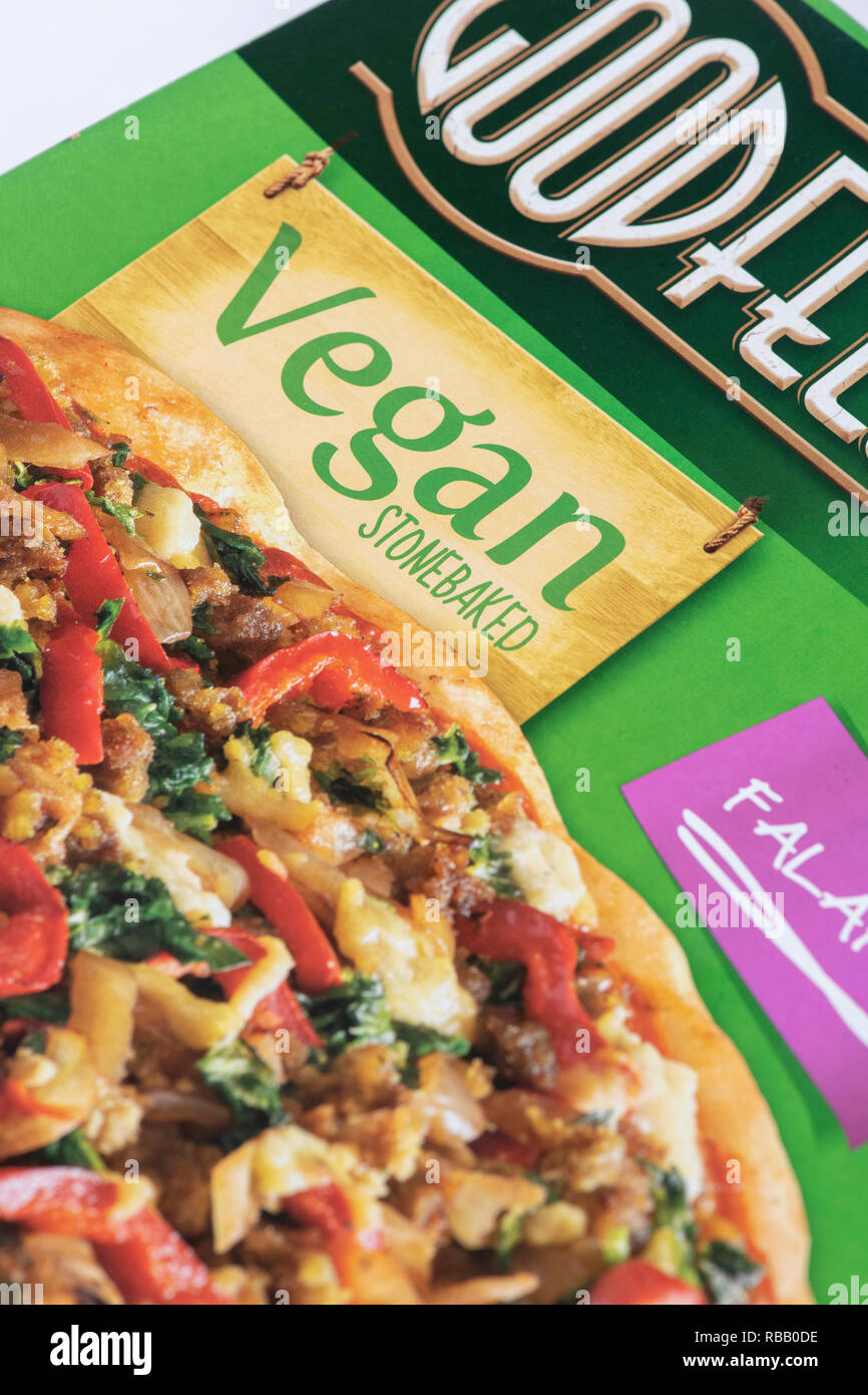 Vegan label on a pizza packet. UK Stock Photo
