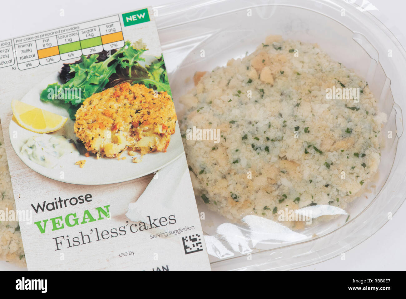Waitrose Vegan fish’less cakes packet with vegan label. UK Stock Photo