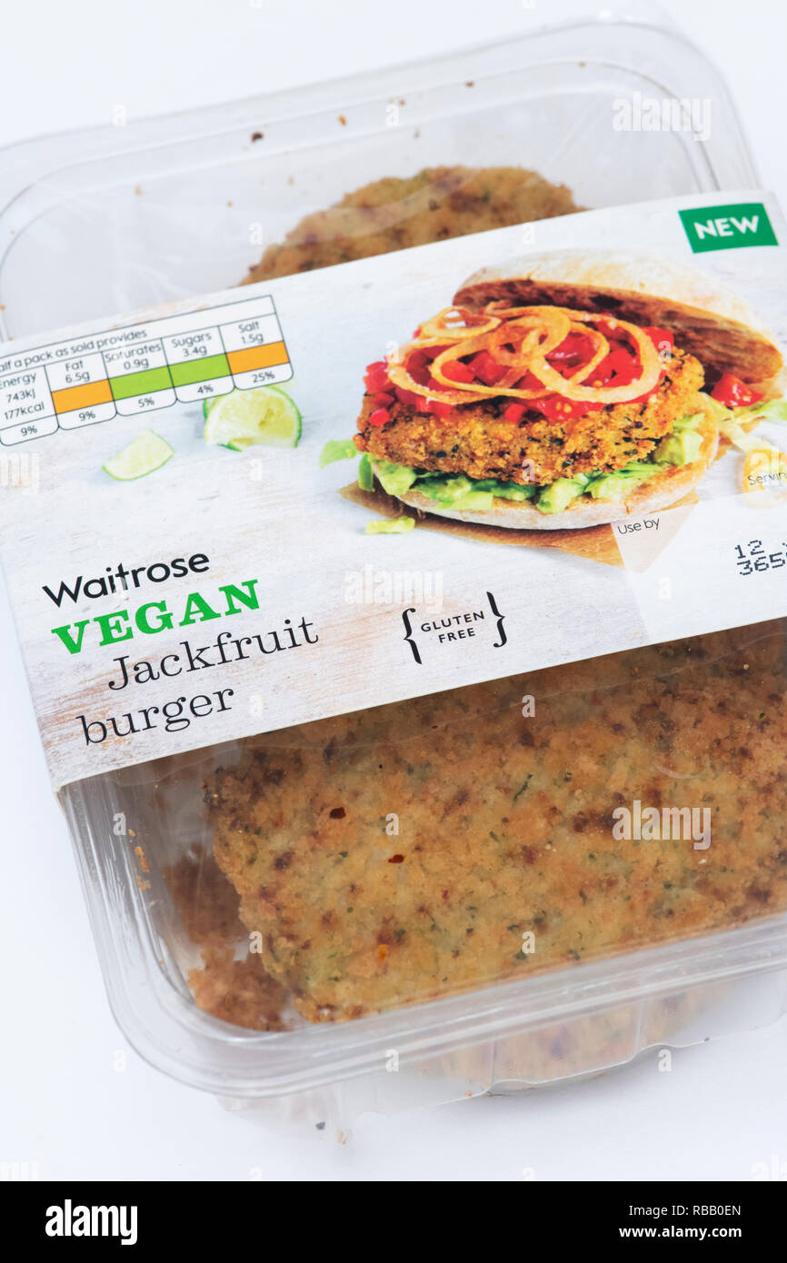 Waitrose vegan jackfruit burger packet with vegan label. UK Stock Photo