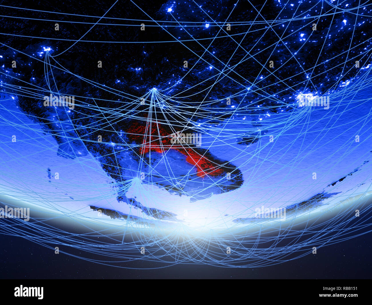 Laos on green model of planet Earth with network representing blue ...