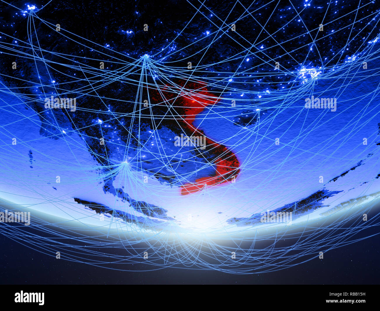 Vietnam on green model of planet Earth with network representing blue ...