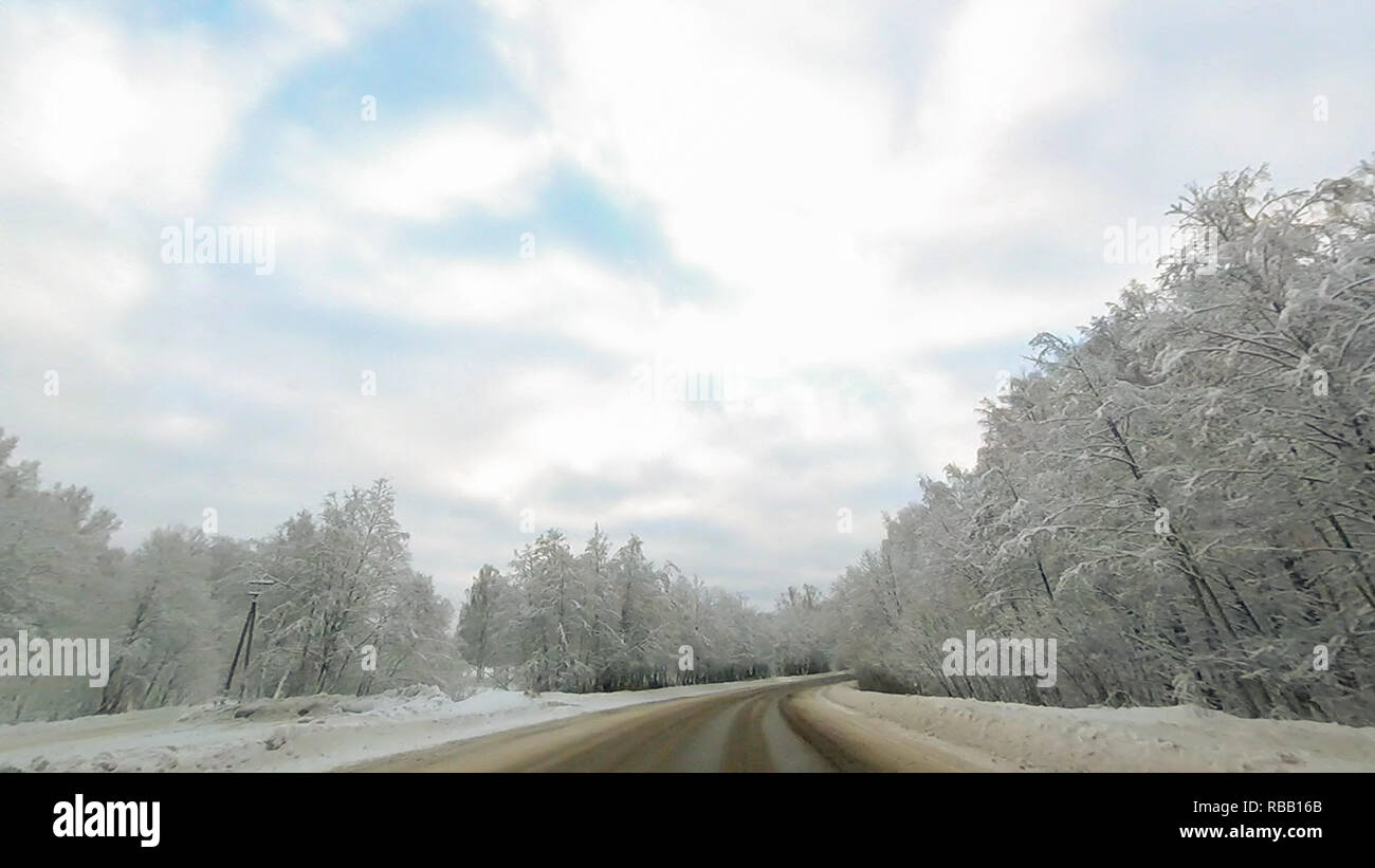 Country road in winter along the forest with white snow trees Stock ...