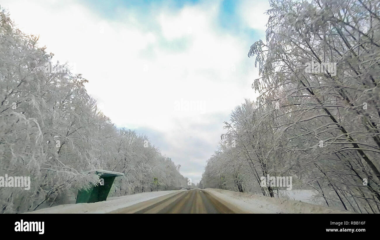 Country road in winter along the forest with white snow trees Stock ...