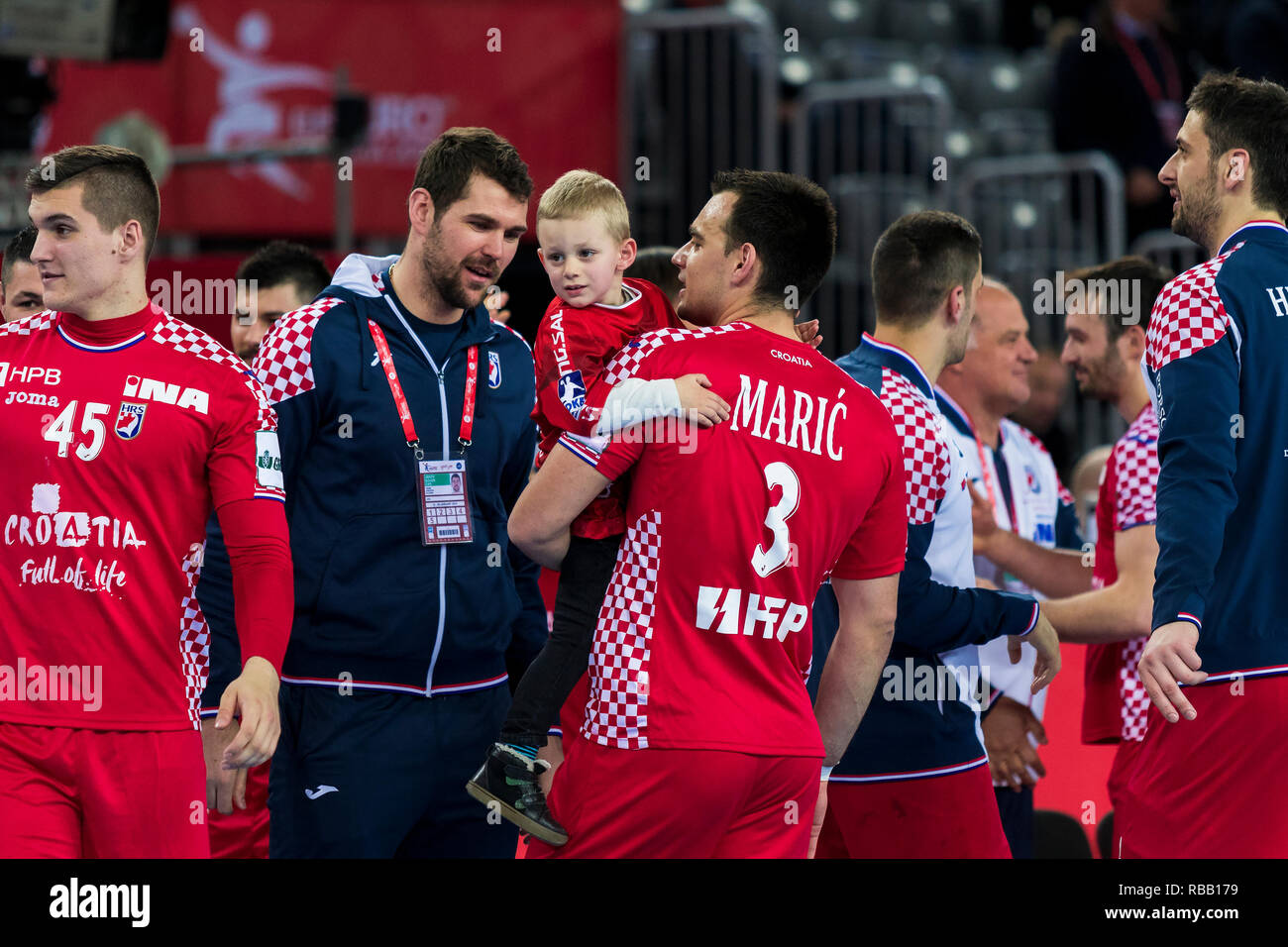 ZAGREB, CROATIA - JANUARY 17, 2018: European Championships in Men's Handball, EHF EURO 2018 main round match Croatia vs. Czech Republic 28:27. Croatia Stock Photo