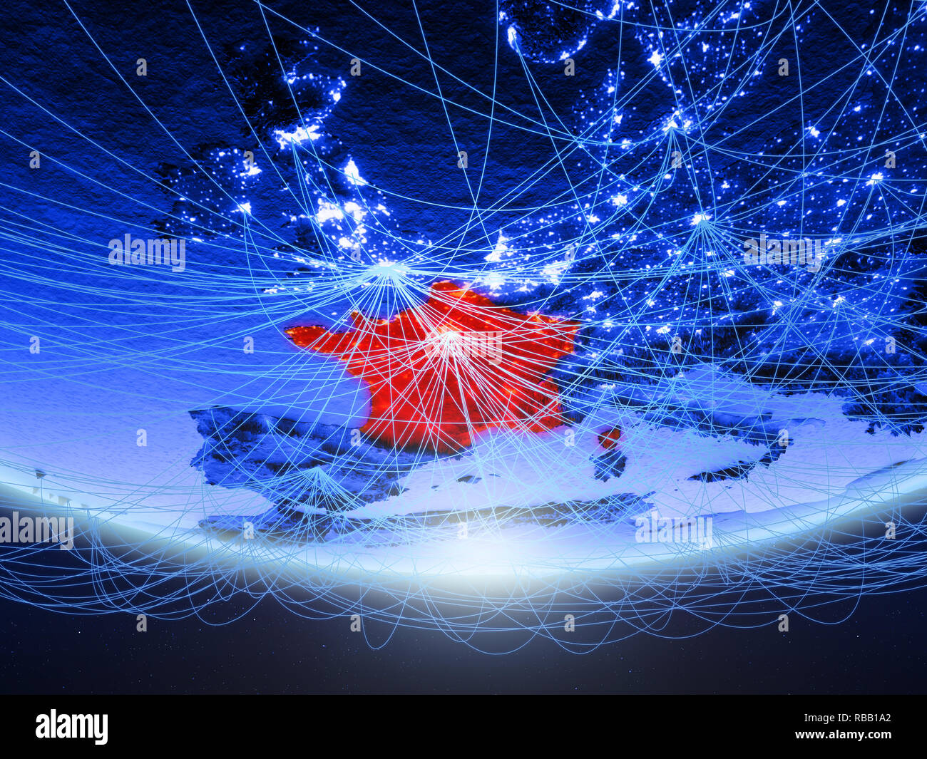 France on green model of planet Earth with network representing blue ...