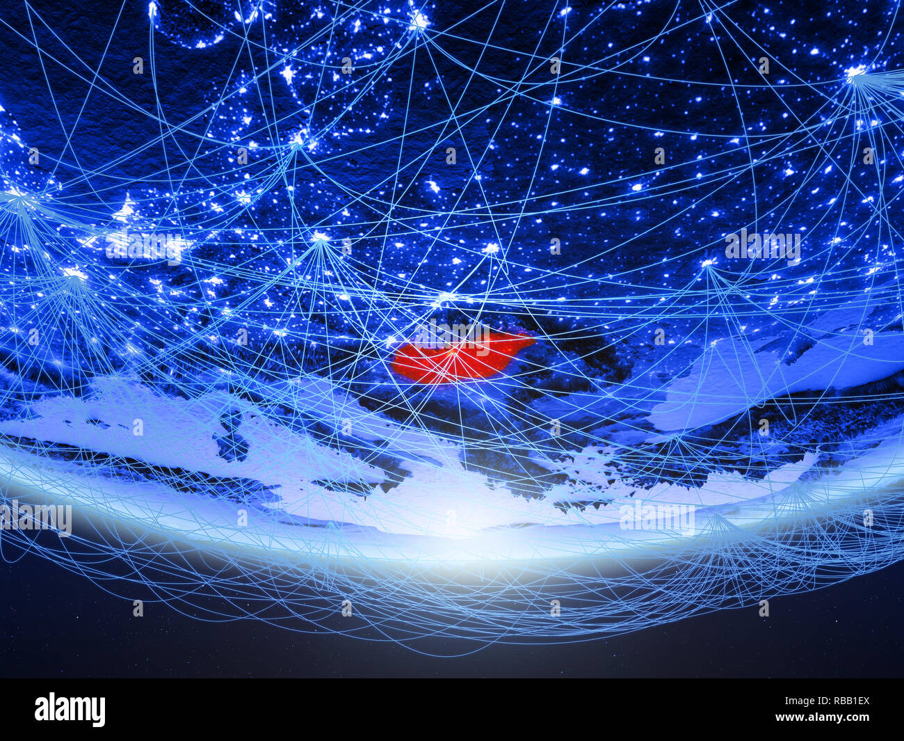 Hungary on green model of planet Earth with network representing blue ...