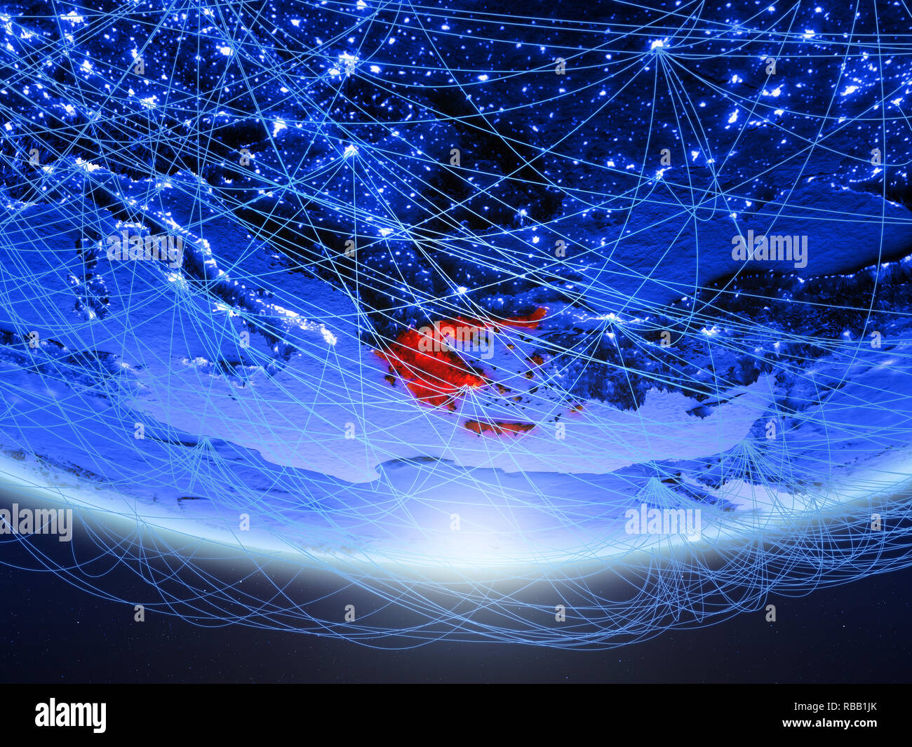 Greece on green model of planet Earth with network representing blue ...