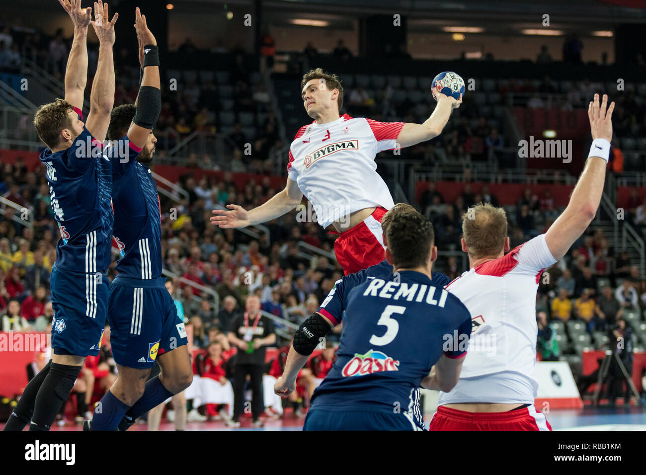 ZAGREB, CROATIA - JANUARY 28, 2018: European Championships in Men's  Handball, EHF EURO 2018 finals France - Denmark 32:29. In action KIRKELOKKE  Niclas Stock Photo - Alamy