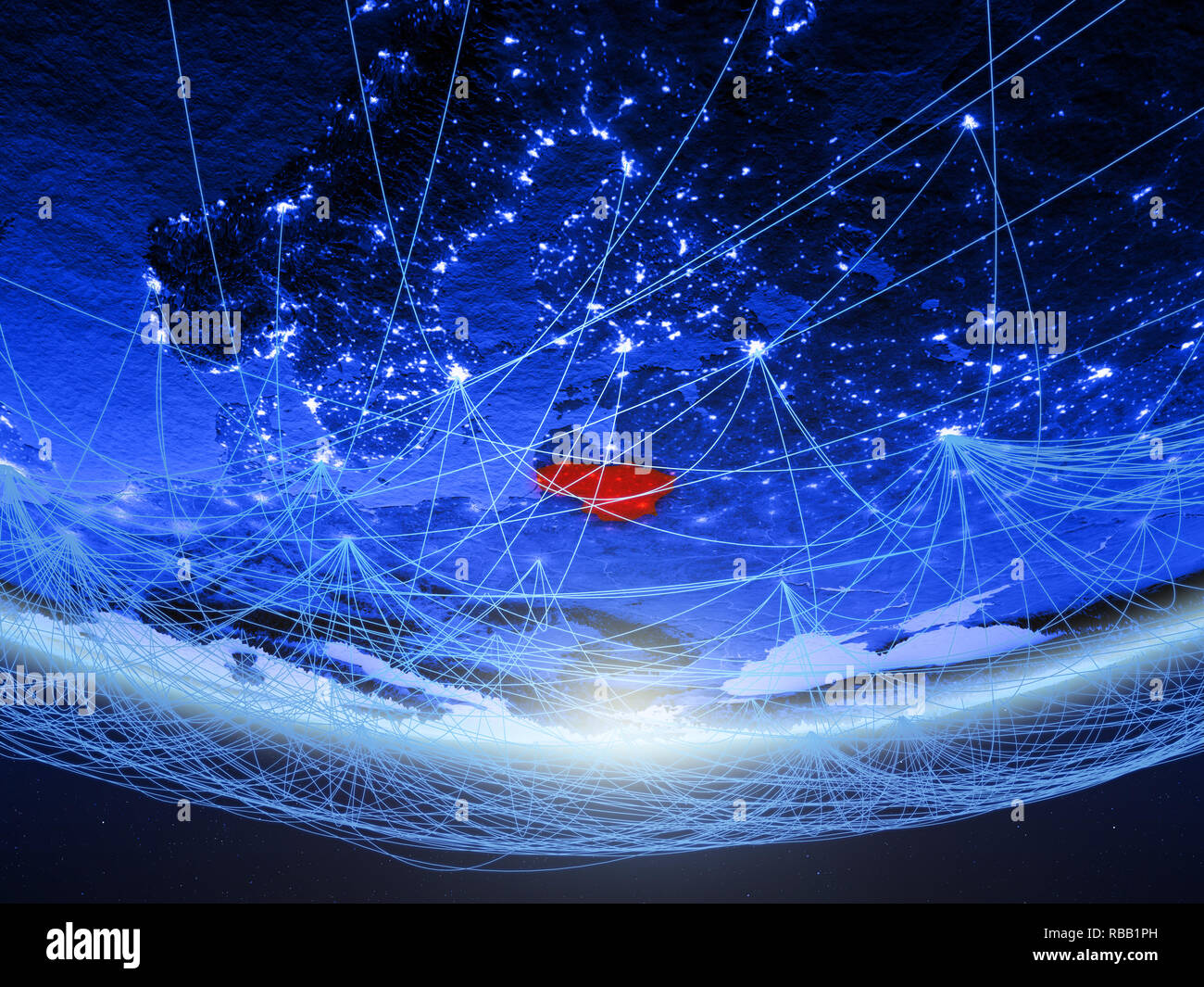 Lithuania on green model of planet Earth with network representing blue ...