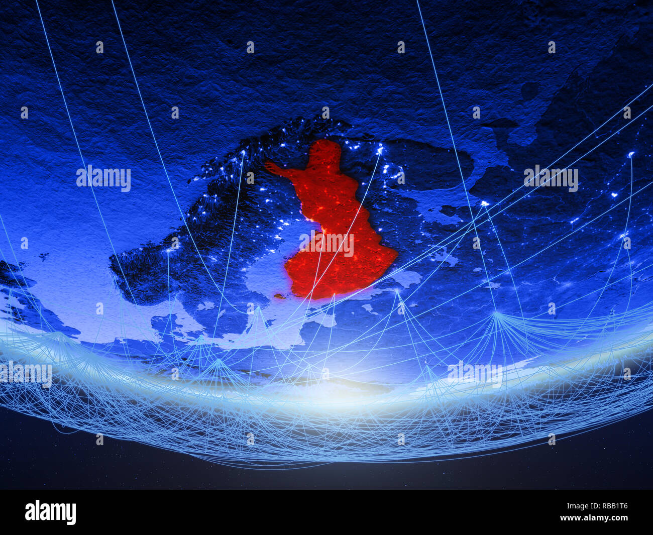 Finland on green model of planet Earth with network representing blue ...