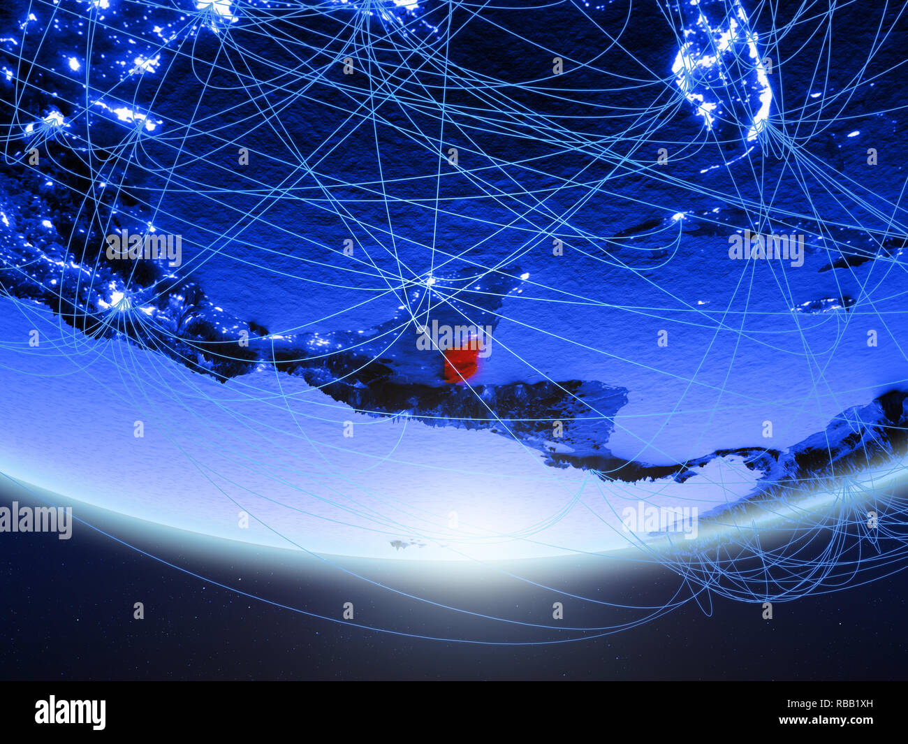 Belize on green model of planet Earth with network representing blue ...