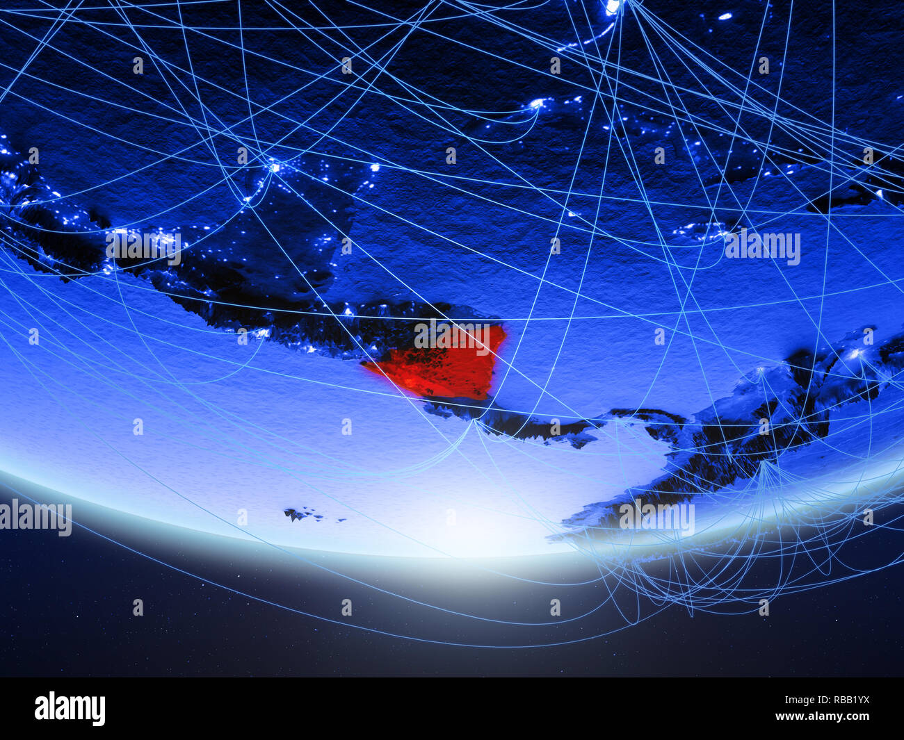 Nicaragua on green model of planet Earth with network representing blue ...
