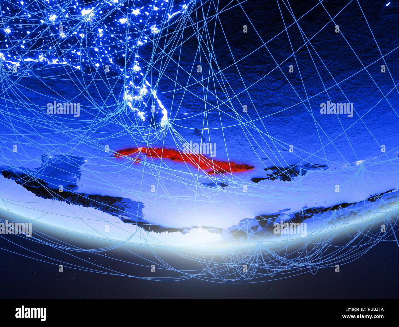 Cuba on green model of planet Earth with network representing blue ...