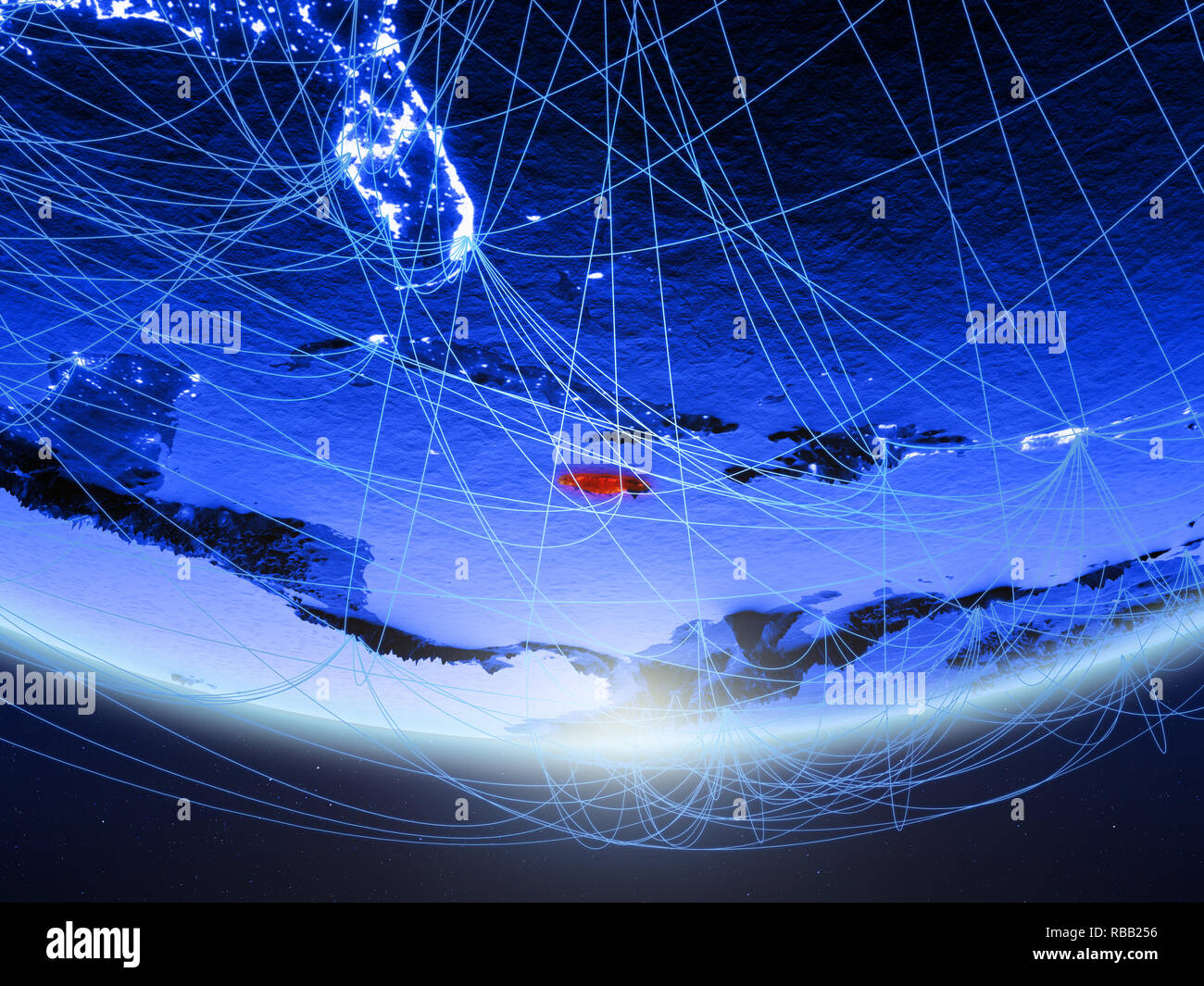 Jamaica on green model of planet Earth with network representing blue ...