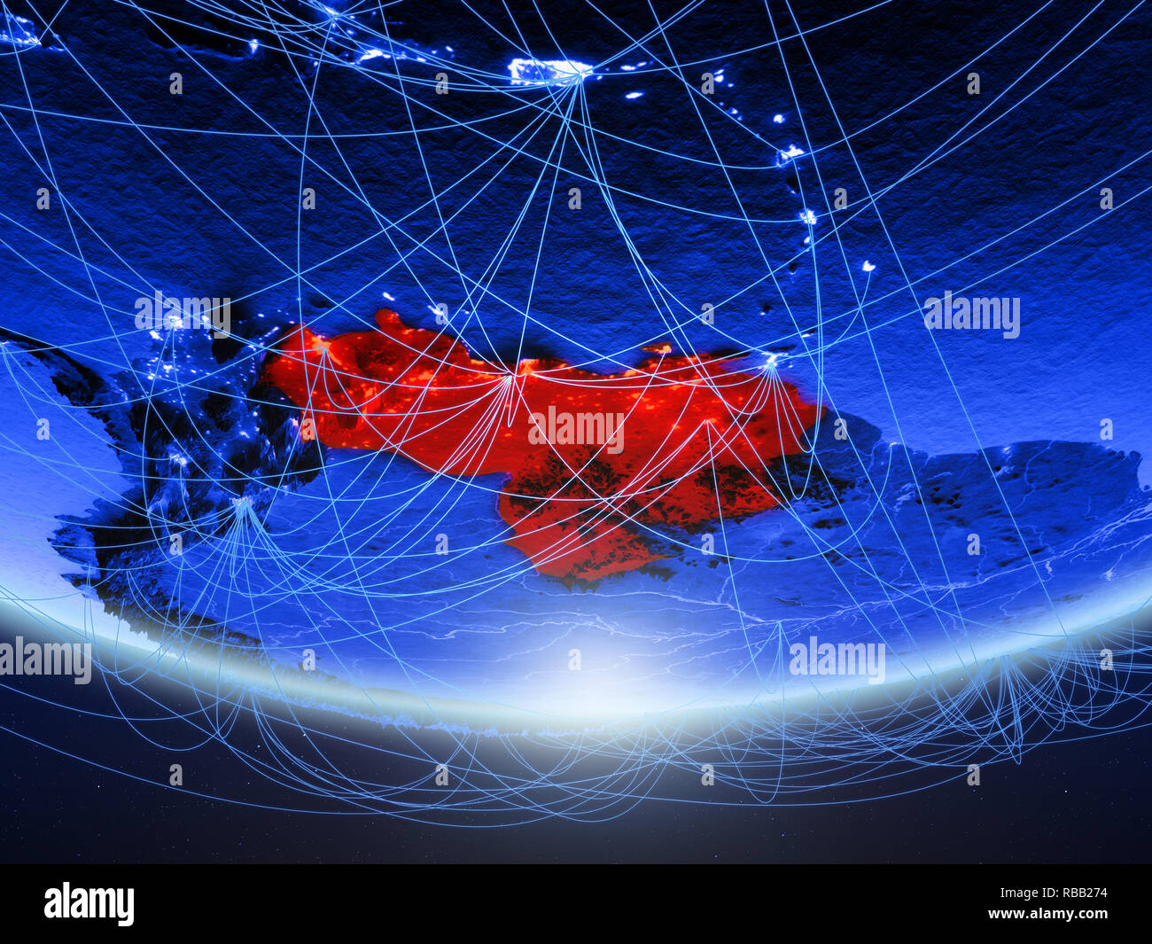 Venezuela on green model of planet Earth with network representing blue ...