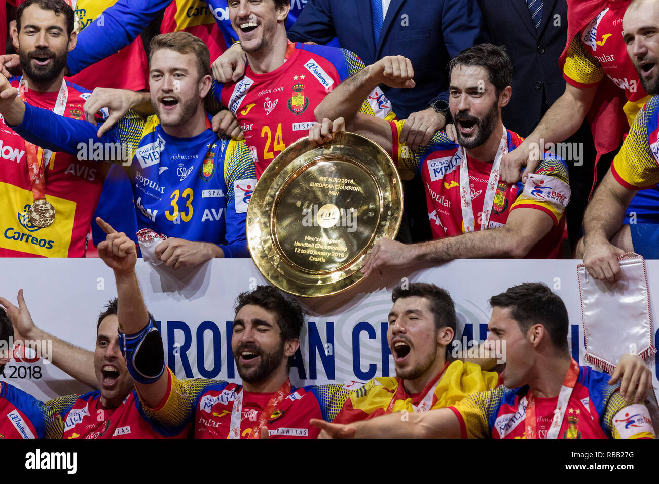 ZAGREB, CROATIA - JANUARY 28, 2018: European Championships in Men's Handball, EHF EURO 2018 main round match Spain - Sweden 29:23. Spain players celeb Stock Photo