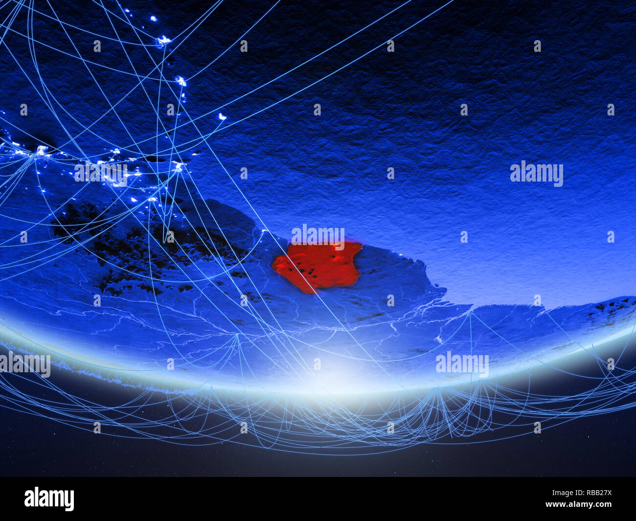 Suriname on green model of planet Earth with network representing blue ...