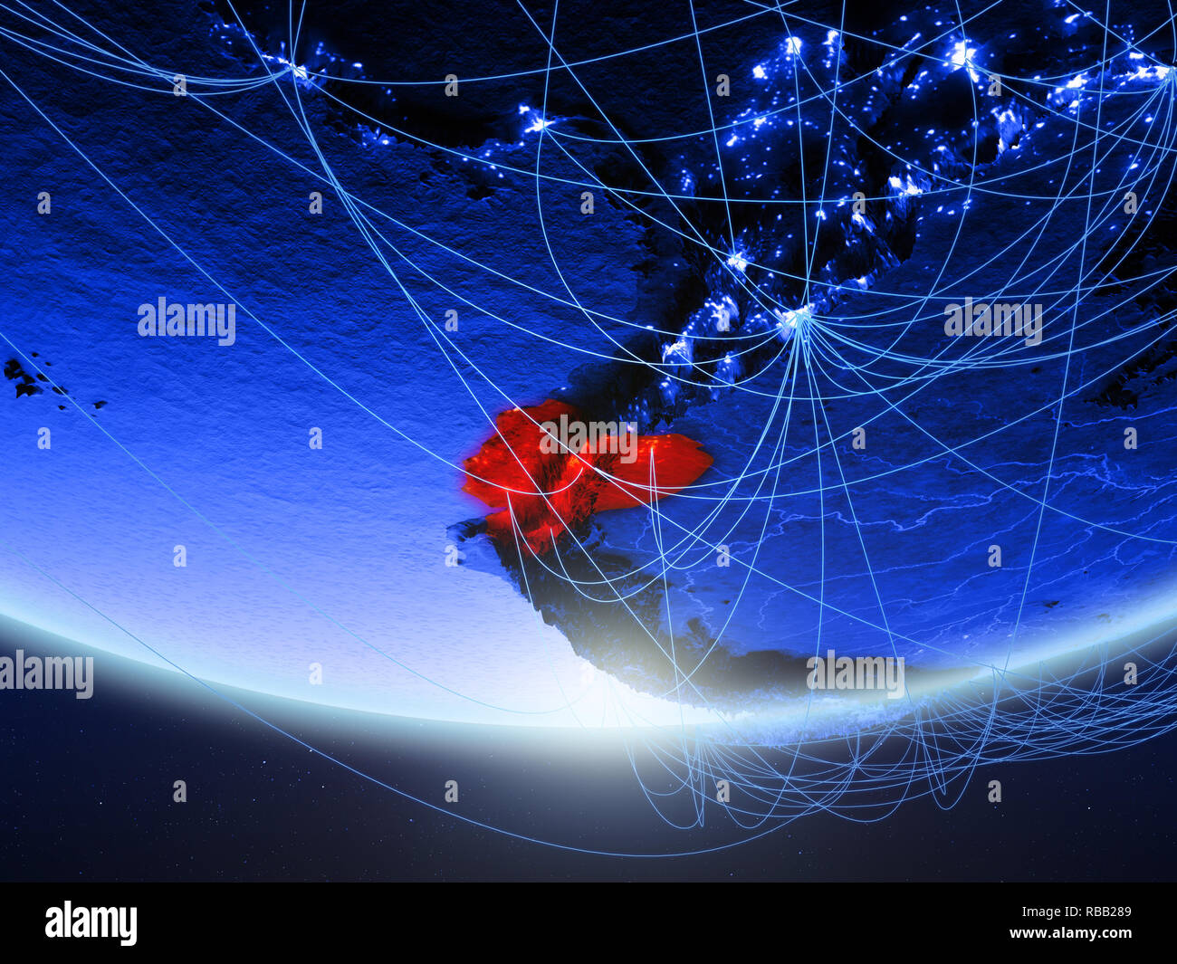 Ecuador on green model of planet Earth with network representing blue ...
