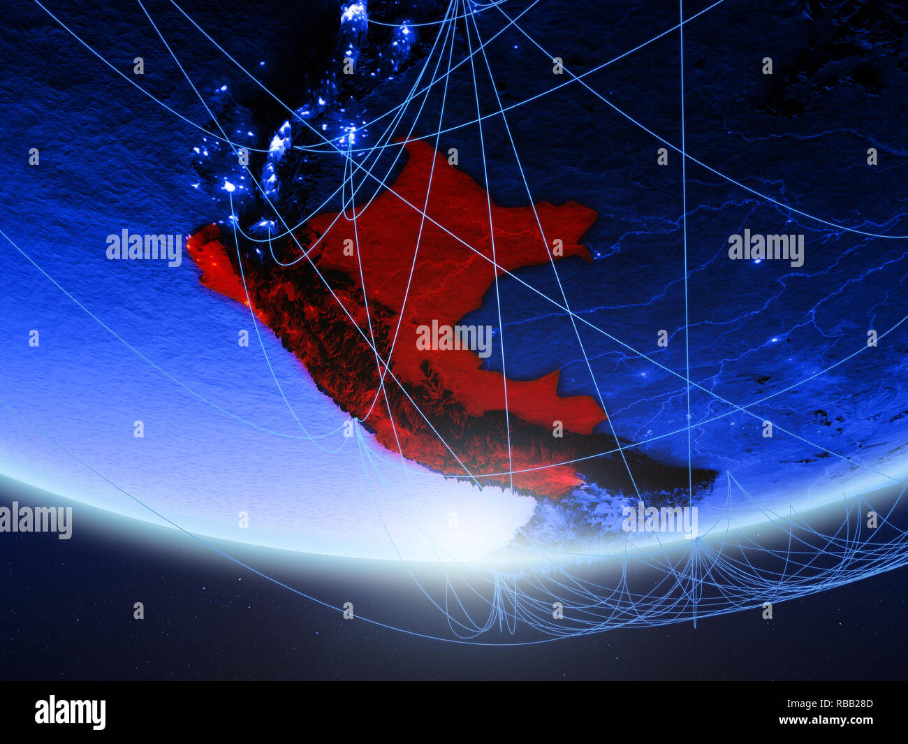 Peru on green model of planet Earth with network representing blue ...