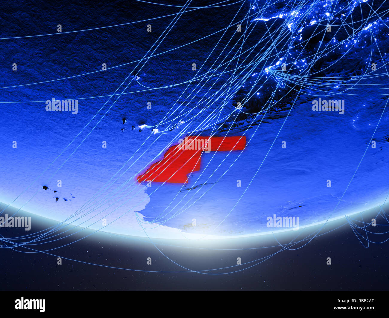 Western Sahara on green model of planet Earth with network representing ...