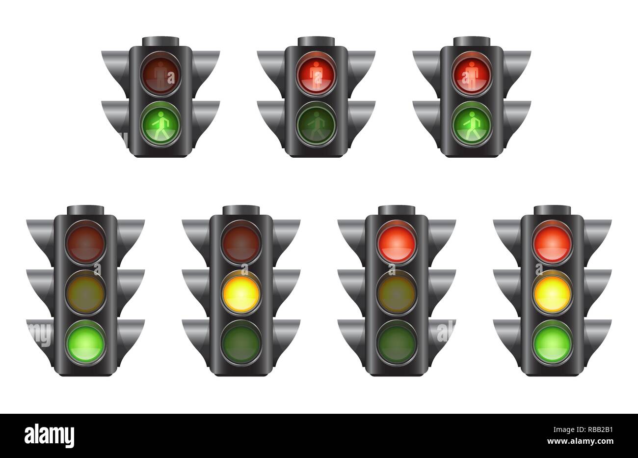 Set of realistic traffic lights for cars and pedestrians Stock Vector