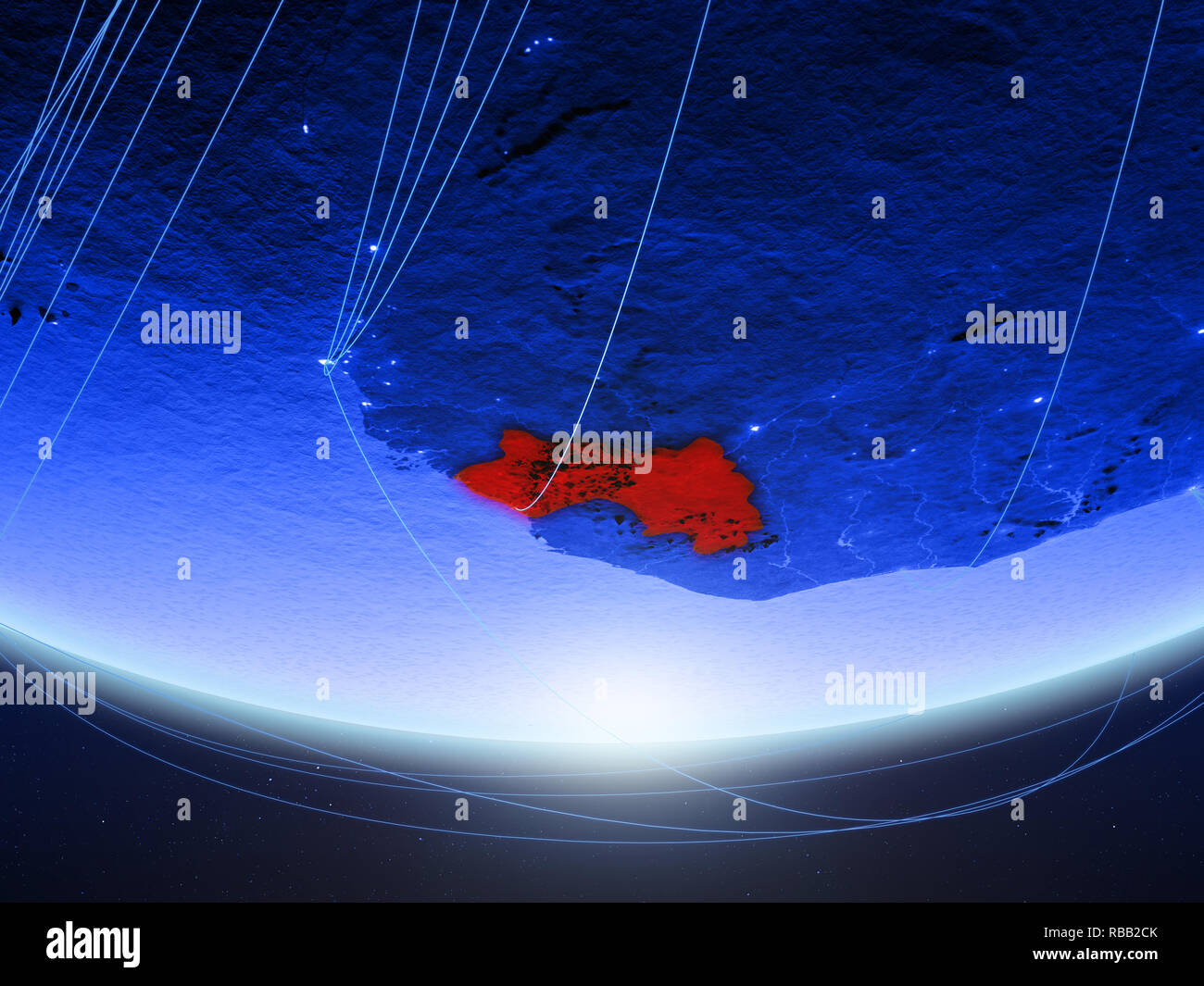 Guinea on green model of planet Earth with network representing blue ...