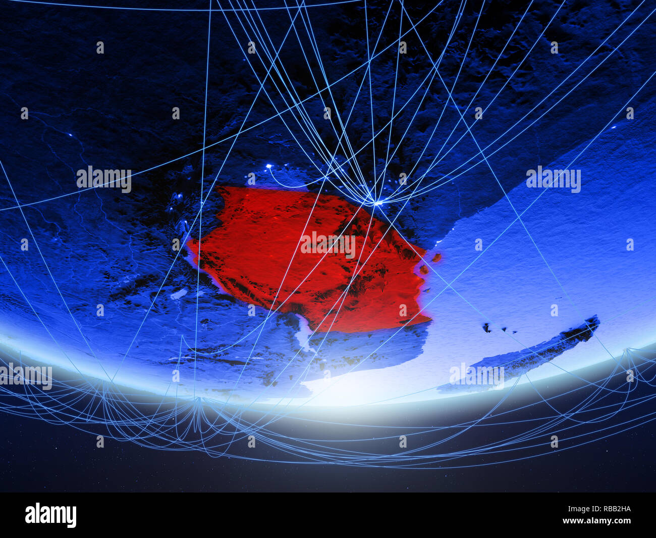 Tanzania on green model of planet Earth with network representing blue ...