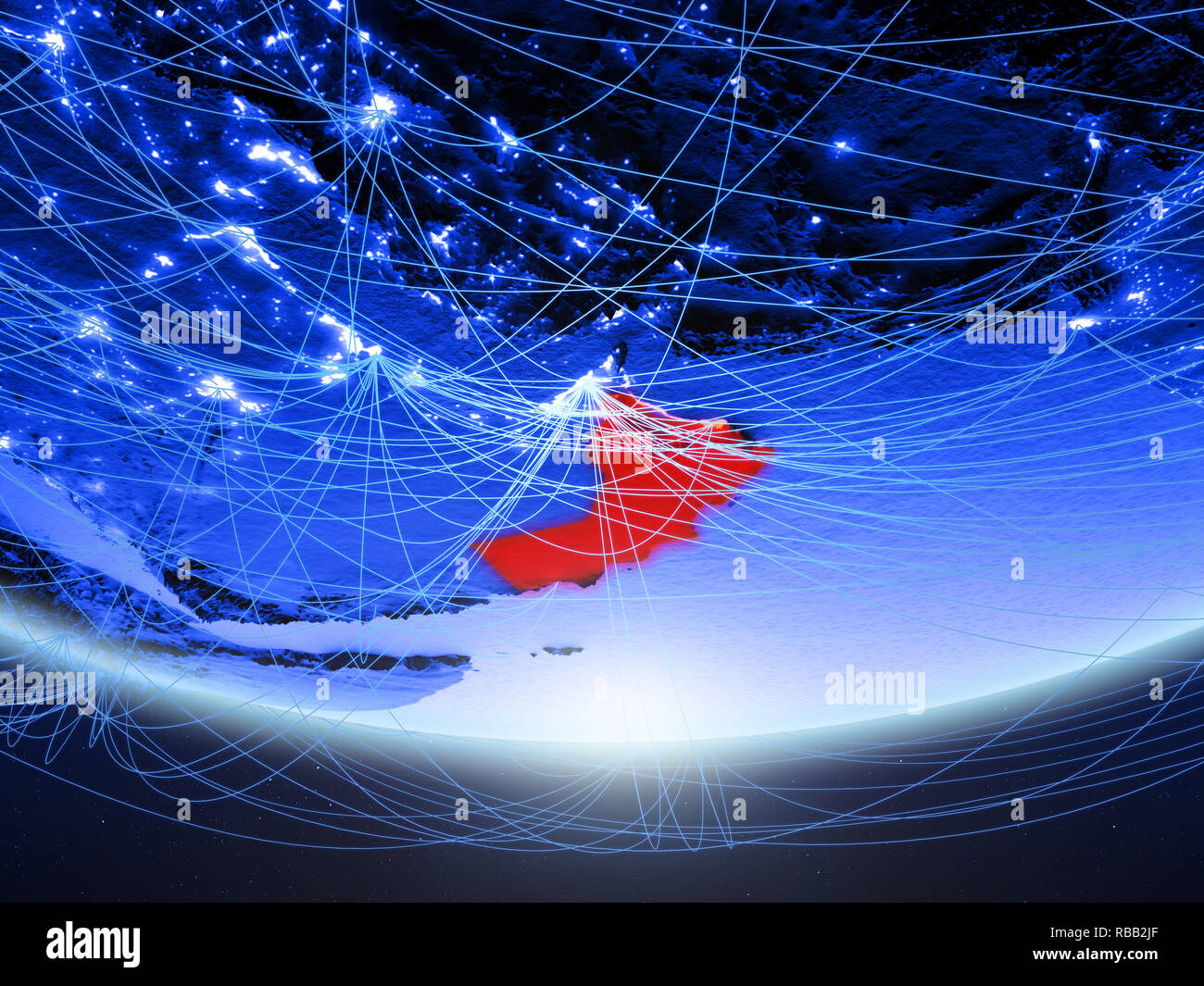 Oman on green model of planet Earth with network representing blue ...
