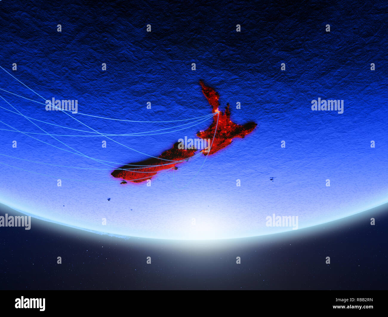 New Zealand on green model of planet Earth with network representing ...