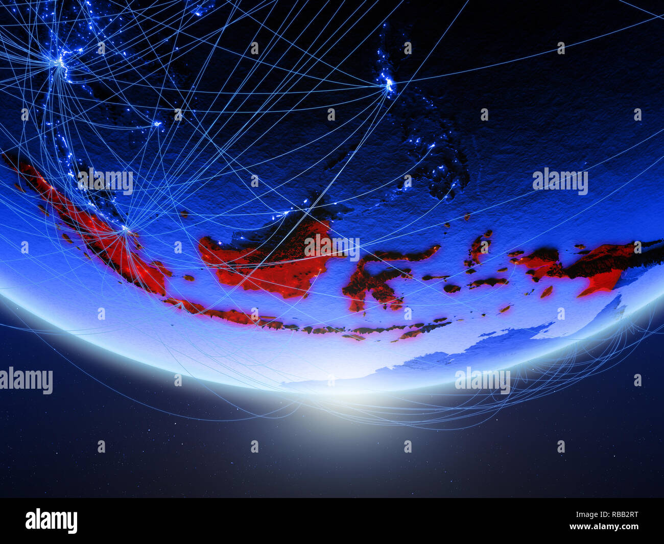 Indonesia on green model of planet Earth with network representing blue ...